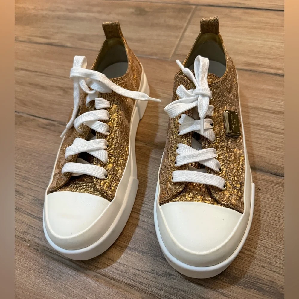 Dolce & Gabbana Gold Metallic Sneakers Platform Logo EU 37.5 (~ US 7 / US 7.5)